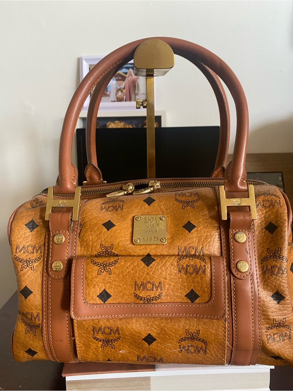 MCM Cognac Brown Visetos Monogram Satchel with Gold Hardware